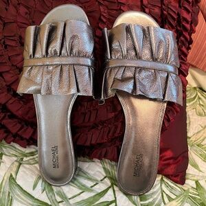 Michael Kors Silver Slide Sandals with Ruffle Detail, size 10